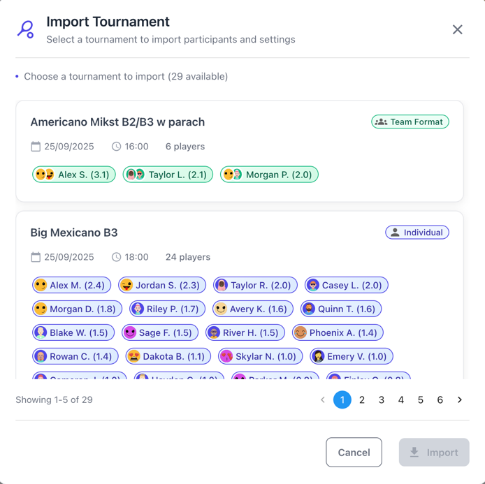 Import tournament data from court booking providers